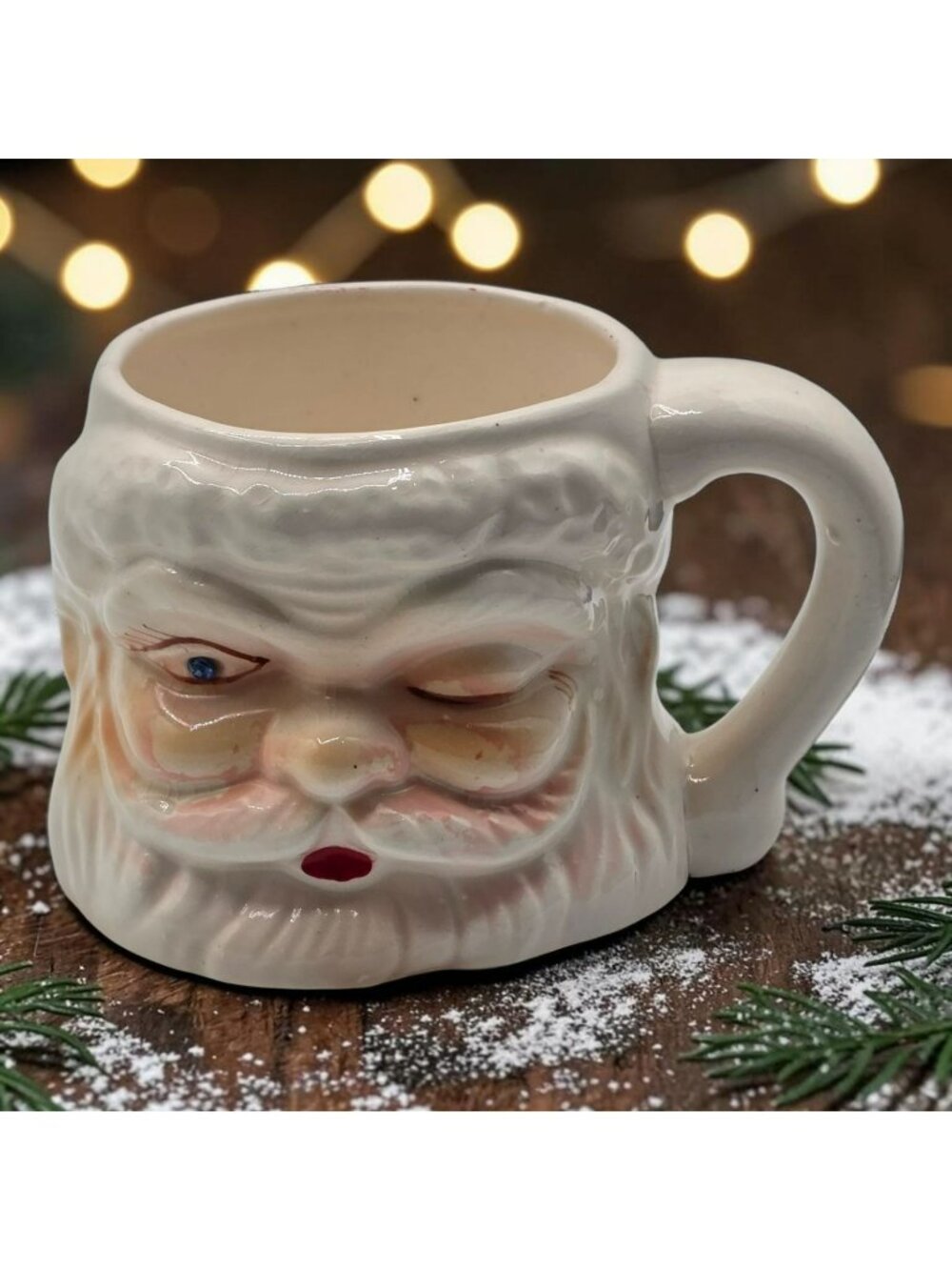 Vintage Ceramic Santa Claus Mug Winking Face Holiday Drinkware